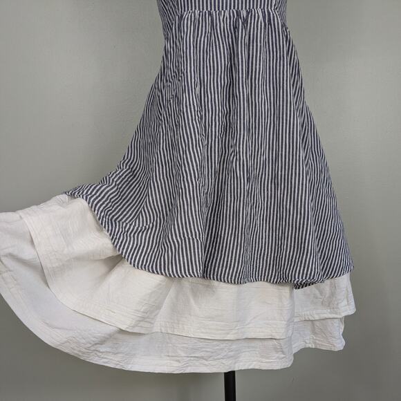 Old Navy Knee Midi Dress M Blue White Stripe Flare Beach Preppy Picnic Natutical - Picture 3 of 14